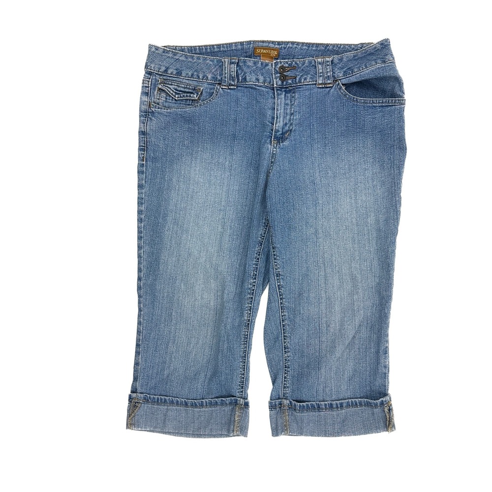 St Johns Bay Petite Capri Jeans 14P Medium‎ Wash Cuffed Stretch Denim Cropped